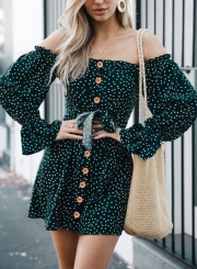 Off Shoulder Long Sleeve Polka Dot Bow Button Down Mini Dress