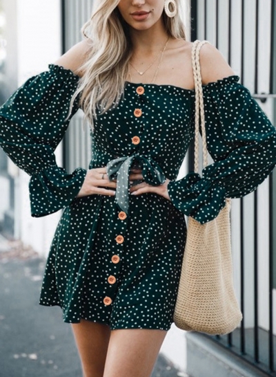 Off Shoulder Long Sleeve Polka Dot Bow Button Down Mini Dress zecalaba.com