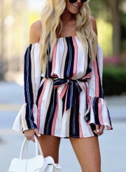 Striped Off The Shoulder Flare Sleeve Waist Tie Wide Leg Romper