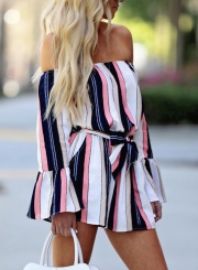 Striped Off The Shoulder Flare Sleeve Waist Tie Wide Leg Romper