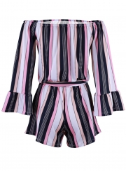 Striped Off The Shoulder Flare Sleeve Waist Tie Wide Leg Romper