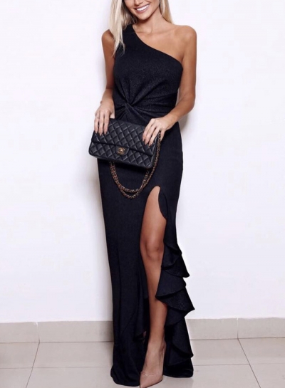 Black One Shoulder Elegant Evening Dress zecalaba.com