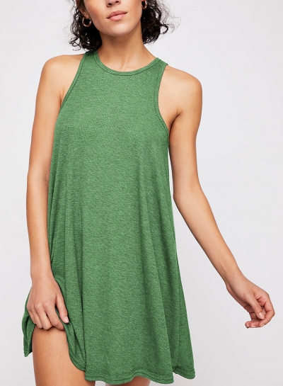 Summer Concise Loose Solid Sleeveless Round Neck A-line Mini Dress zecalaba.com