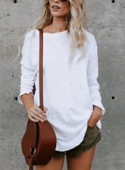 Casual Round Neck Long Sleeve Loose Solid Color Tee