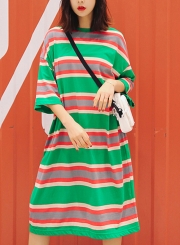 Striped Half Sleeve Round Neck Plus Size Loose Dress