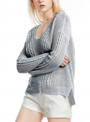 Womne's V Neck Long Sleeve Loose Solid Color Pullover Sweater