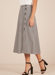 High Waist Side Button Down Slit Plaid Long Skirt