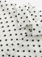 Polka Dot Turn-Down Collar Long Sleeve High Low Loose Button Down Shirt