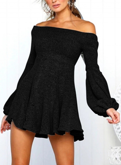 Off Shoulder Lantern Sleeve Elastic Waist Black Swing Dress zecalaba.com