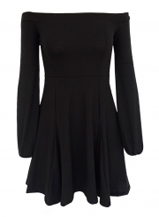 Off Shoulder Lantern Sleeve Elastic Waist Black Swing Dress