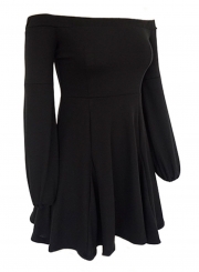 Off Shoulder Lantern Sleeve Elastic Waist Black Swing Dress