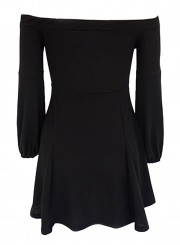 Off Shoulder Lantern Sleeve Elastic Waist Black Swing Dress