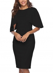 Black Round Neck High Waist Bodycon Midi Dress