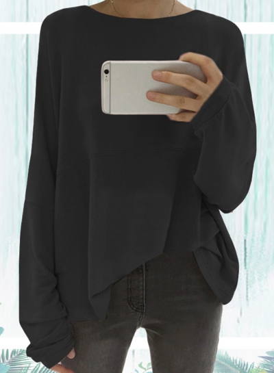 Round Neck Dolman Sleeve Loose Black Tee zecalaba.com