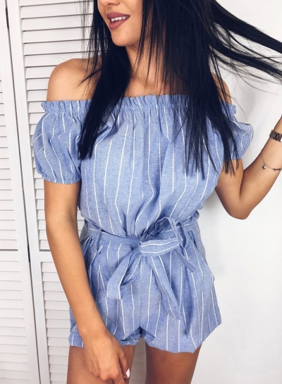 Blue Off Shoulder Short Sleeve Playsuit With Blet zecalaba.com