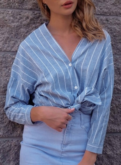 Blue Striped V Neck Long Sleeve Loose Button Down Shirt zecalaba.com