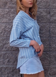 Blue Striped V Neck Long Sleeve Loose Button Down Shirt