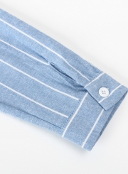 Blue Striped V Neck Long Sleeve Loose Button Down Shirt