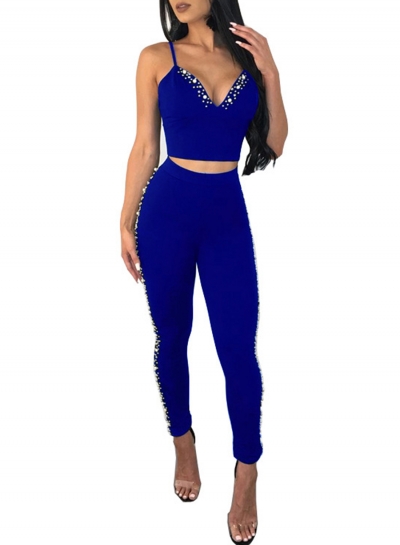 Blue Pearl Strappy V Neck Zip Crop Top and Pencil Pants Set zecalaba.com