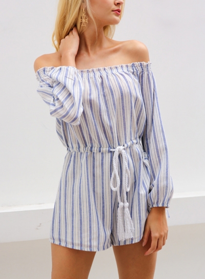 Striped Off Shoulder Half Sleeve Wide Leg Playsuit with Drawstring zecalaba.com