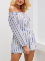 Striped Off Shoulder Half Sleeve Wide Leg Playsuit with Drawstring