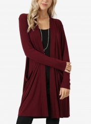 Burgundy Casual Long Sleeve Open Front Cardigan With Pockets
