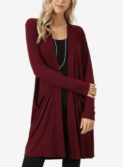 Burgundy Casual Long Sleeve Open Front Cardigan With Pockets zecalaba.com