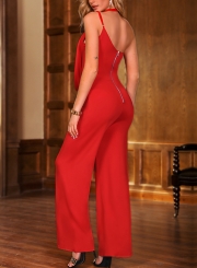 Red One Shoulder Split Sleeve Wide Leg Jumpsuit With Zip