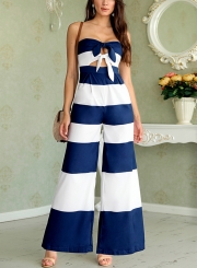 Blue White Striped Off Shoulder Leg Jumpsuit With Bow