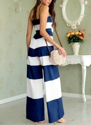 Blue White Striped Off Shoulder Leg Jumpsuit With Bow