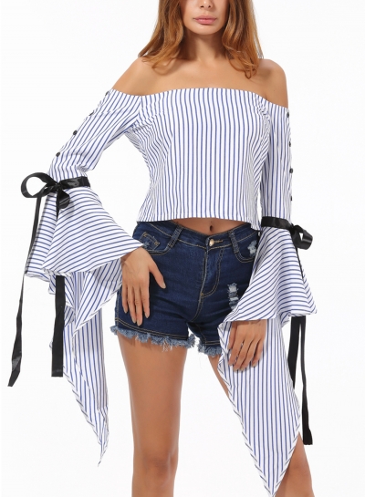 Sexy Striped Off Shoulder Petal Sleeve Crop Top Blouse With Bow zecalaba.com