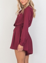 Burgundy V Neck Long Sleeve Elastic Waist Wide Leg Romper