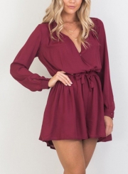 Burgundy V Neck Long Sleeve Elastic Waist Wide Leg Romper