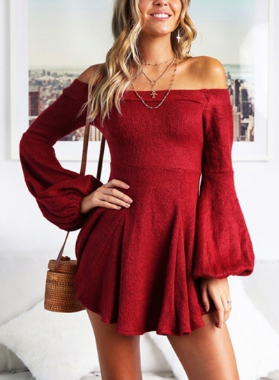 Red Off Shoulder Long Sleeve Swing Dress zecalaba.com