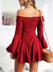 Red Off Shoulder Long Sleeve Swing Dress