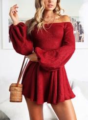 Red Off Shoulder Long Sleeve Swing Dress