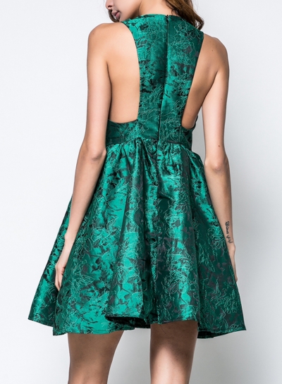 Green Sleeveless High Waist Skater Dress With Zip zecalaba.com