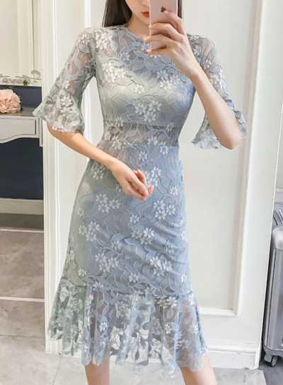 Light Blue Lace Midi Dress zecalaba.com