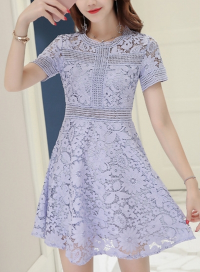 Summer Short Sleeve Round Neck Lace Hollow Out A-line Slim Dress zecalaba.com