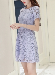 Summer Short Sleeve Round Neck Lace Hollow Out A-line Slim Dress