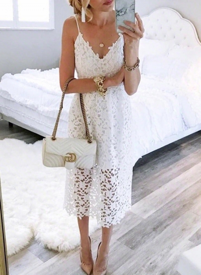 White Spaghetti Strap V Neck Lace Hollow Out Dress With Zip modvogues.com