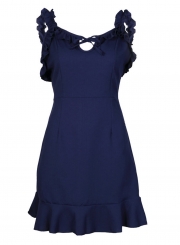 Navy Summer Sleeveless Backless V Neck Front Knot Slim Mini Dress