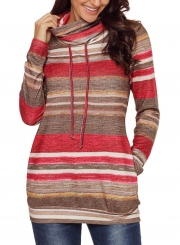 Red Women's Striped Long Sleeve High Neck Loose Pockets Knitwear