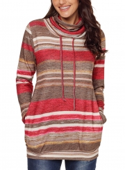 Red Women's Striped Long Sleeve High Neck Loose Pockets Knitwear