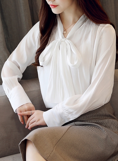 White V Neck Long Sleeve Bow Tie Loose Chiffon Blouse zecalaba.com