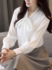 White V Neck Long Sleeve Bow Tie Loose Chiffon Blouse