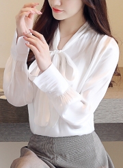 White V Neck Long Sleeve Bow Tie Loose Chiffon Blouse