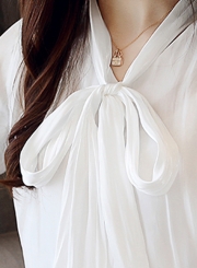 White V Neck Long Sleeve Bow Tie Loose Chiffon Blouse