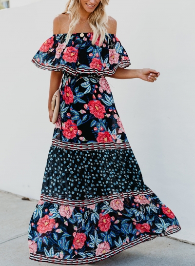 Black Sexy Boho Floral Print Off Shoulder Swing Ruffle Maxi Dress zecalaba.com