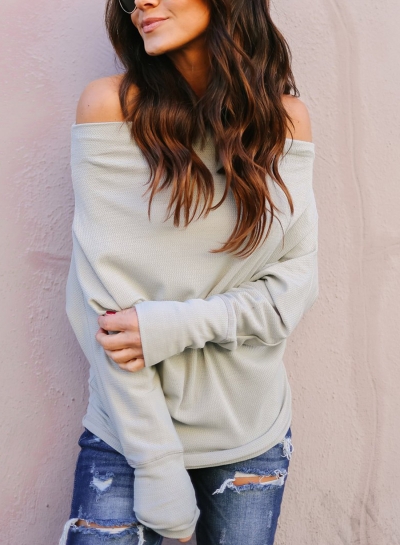 Grey Off Shoulder Long Sleeve Solid Color Oversized Tee zecalaba.com